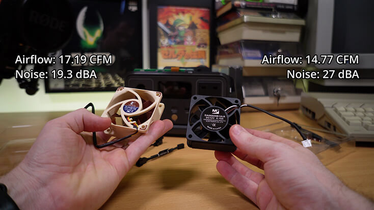 Airflow (CFM) and noise (dBA) comparisons between the stock and Noctua fans