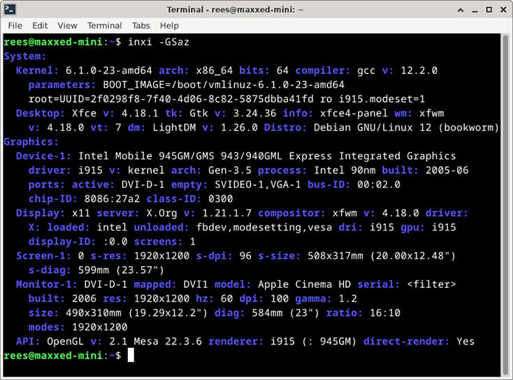 Output of inxi command showing i915 renderer